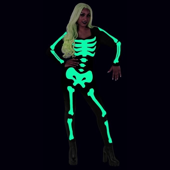 Morph Costumes Glow In Dark Skeleton Fitted Black Bodysuit Sz Large