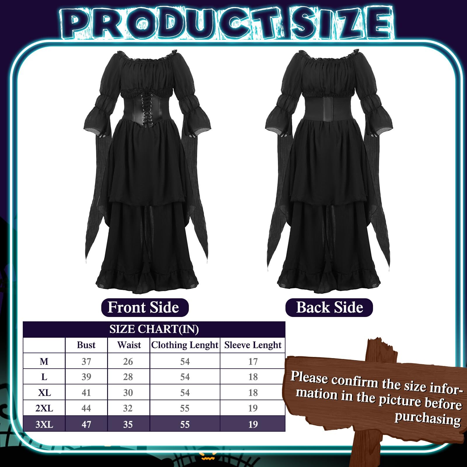 Vabean 4 Pcs Halloween Renaissance Costume Womens Medieval Dress Cinch Size 3XL