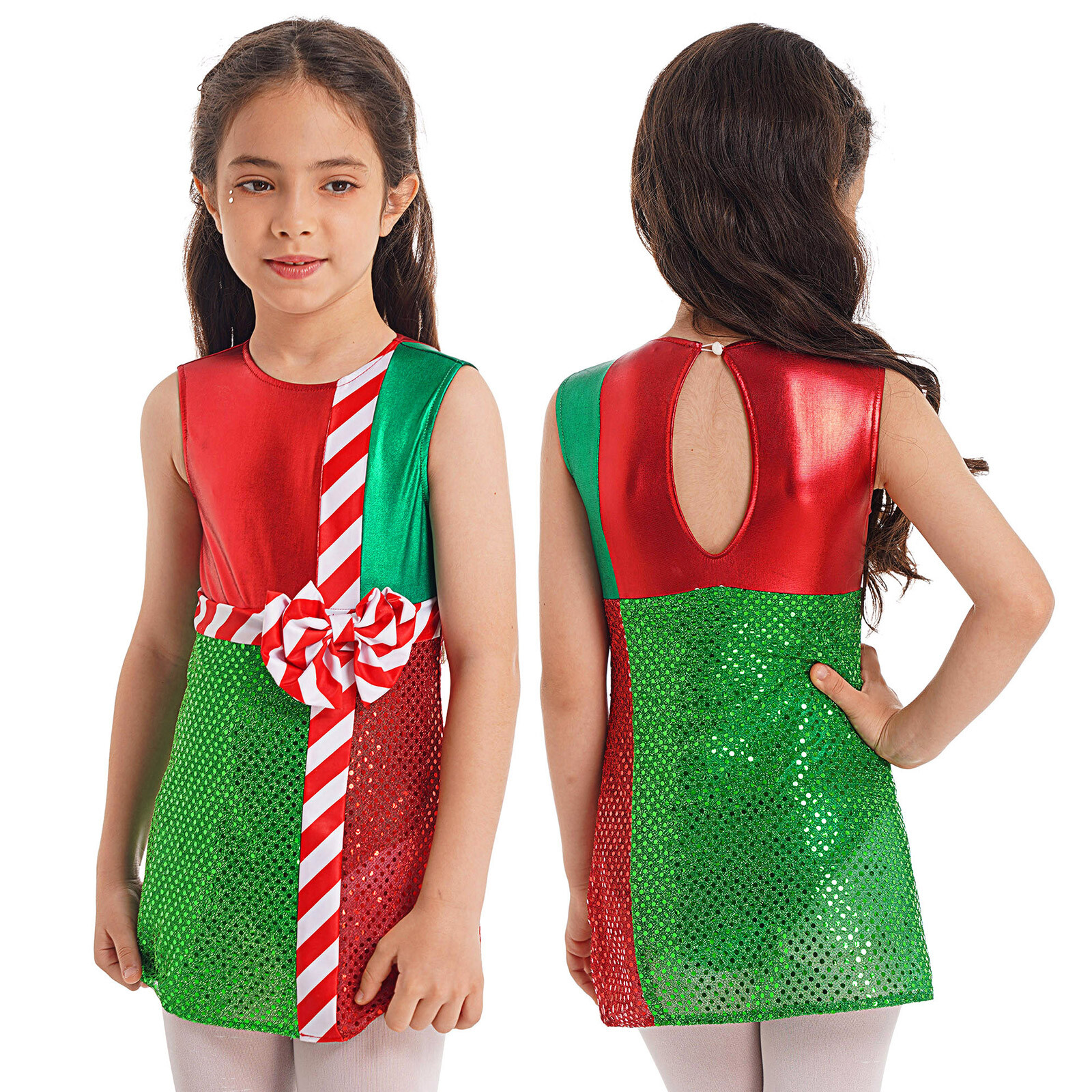 Kids Girls Jumpsuit Striped Layer Skirt Performance Christmas Dress Up Cosplay