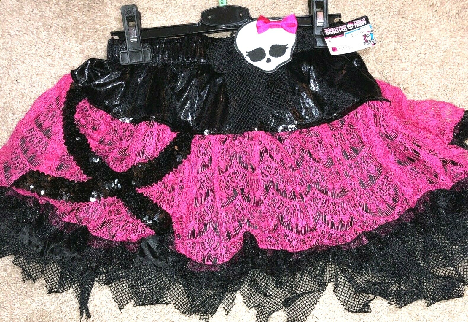 Monster High Girls Skirt Tutu Costume Skull with Bow Black Pink Sequin