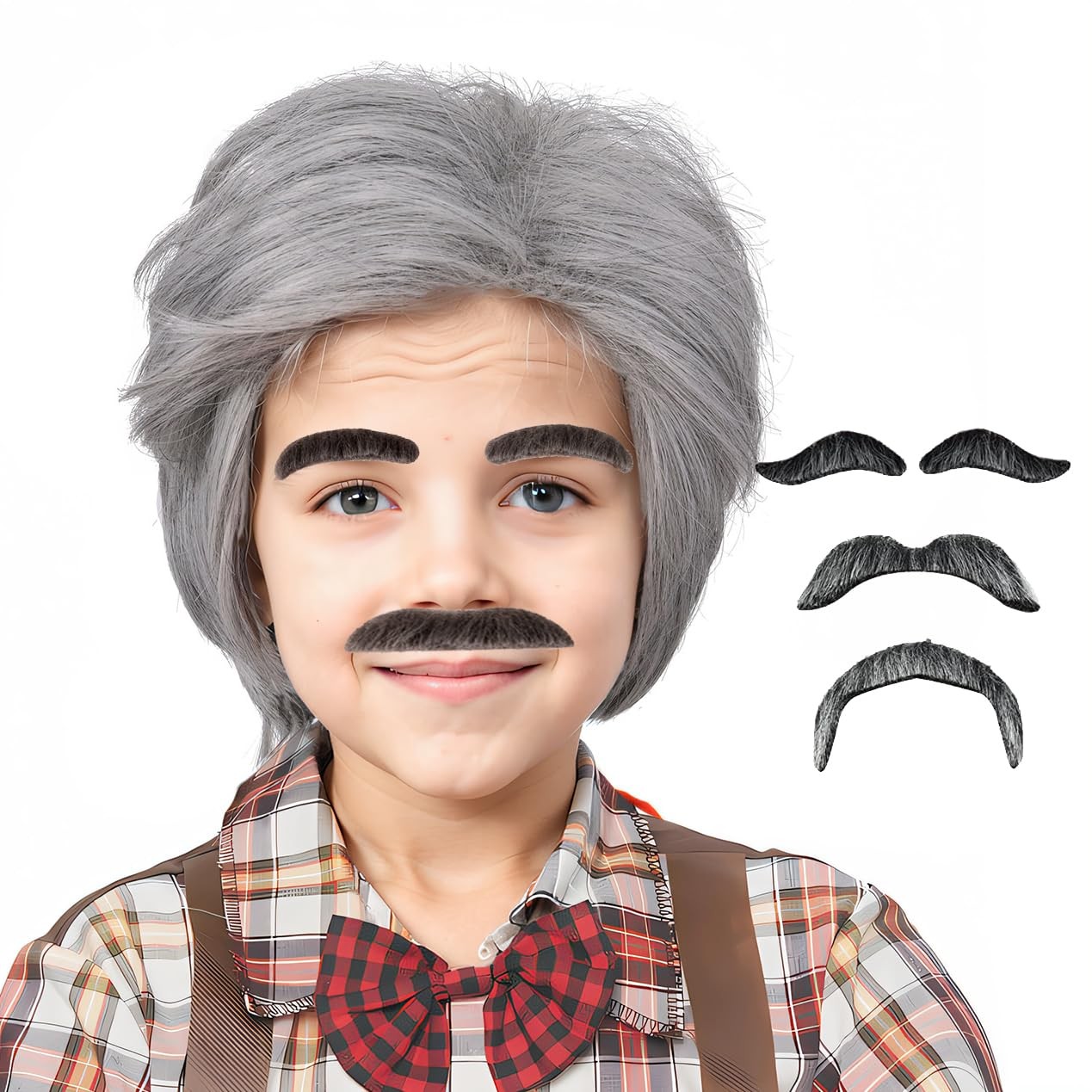Gray Old Man Wig, Mustache, Eyebrows, Grandpa Costume Accessories, Halloween