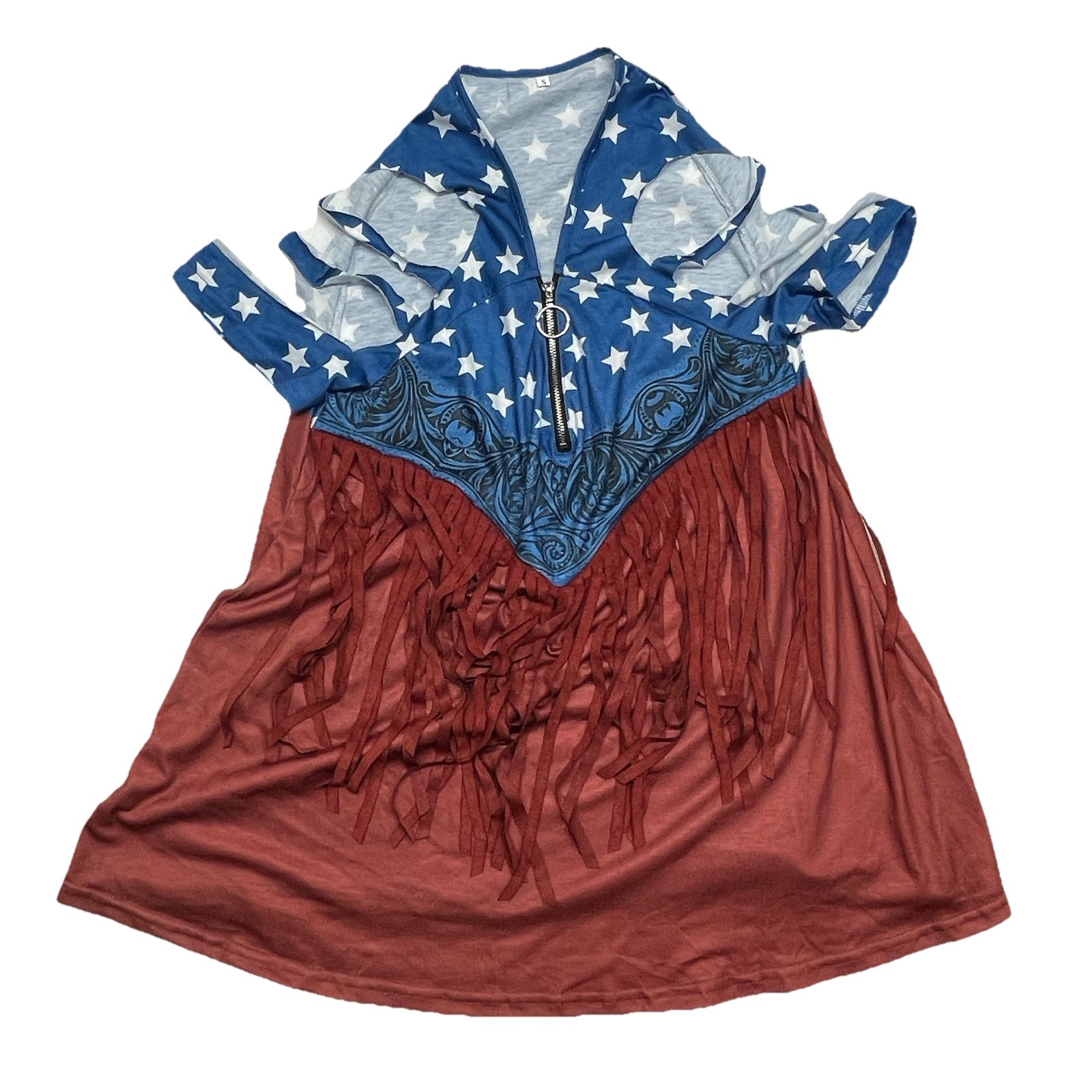 Western Patriotic SMALL Saloon Girl Dress/Costume Knee Length Fringe RedWhteBlue