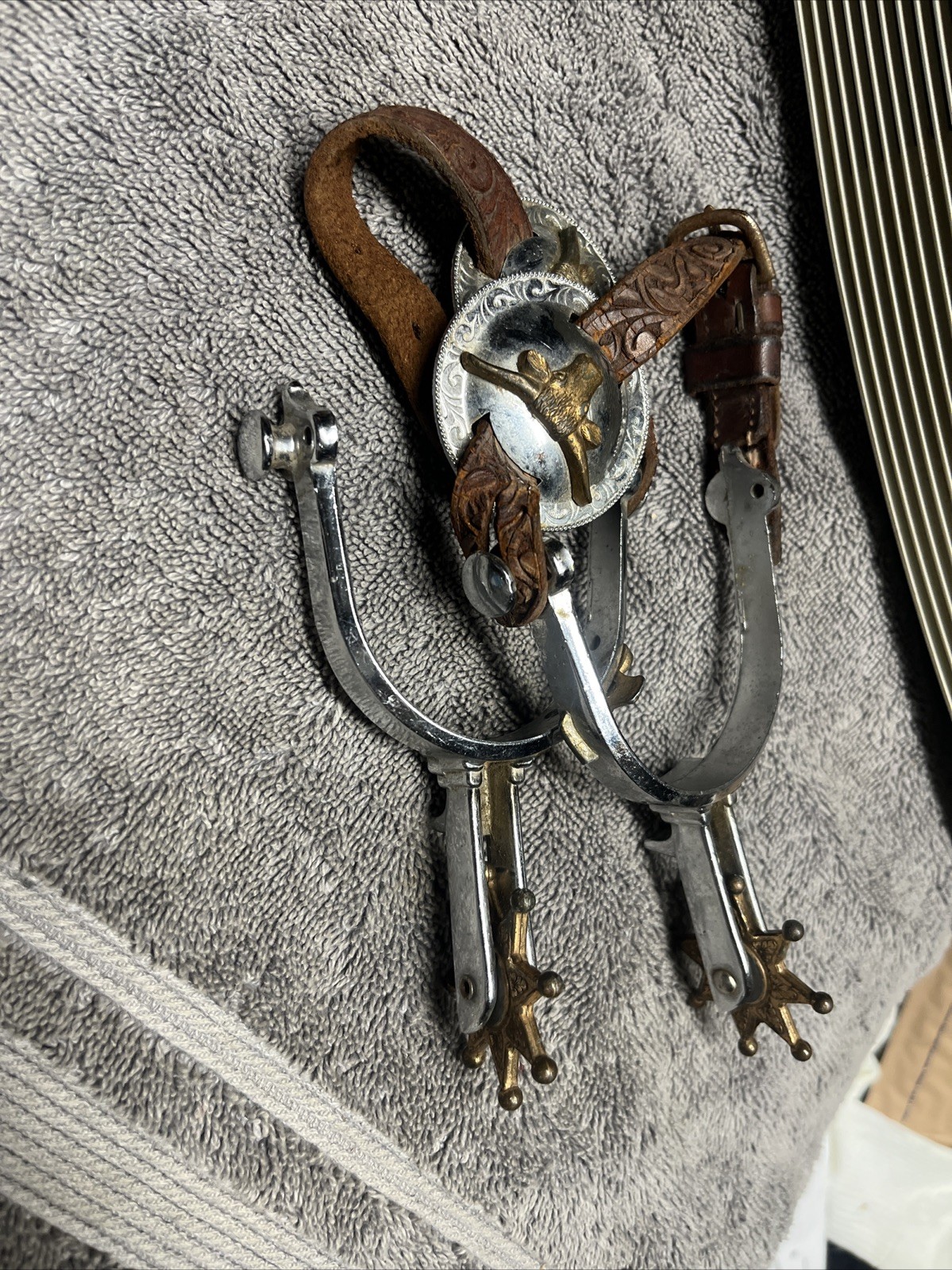 Western Cowboy Spurs Leather Straps Silver & Copper Horse Riding Equestrian