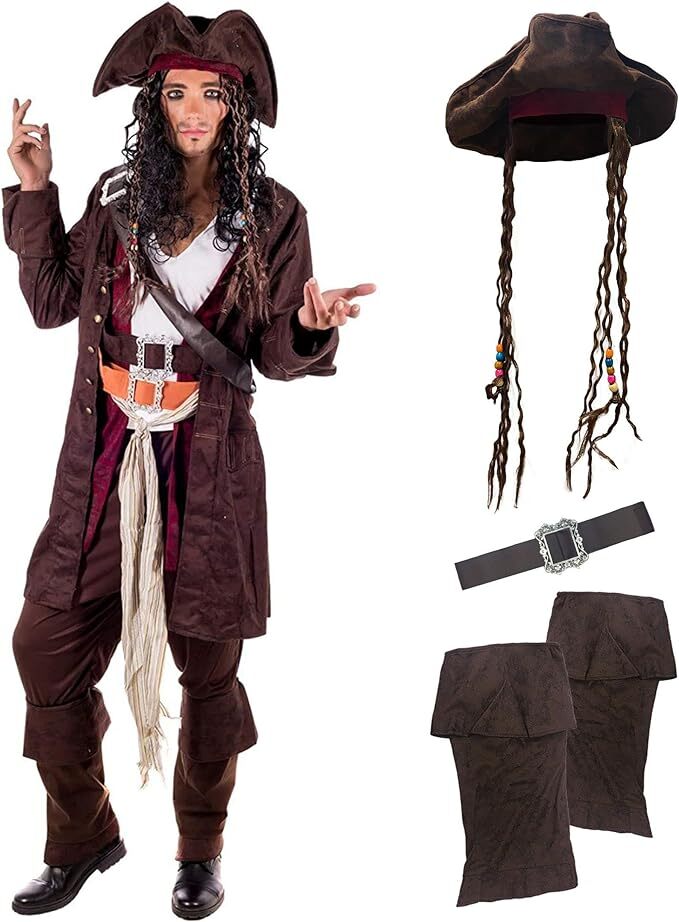 Mens Caribbean Pirate Captain Costume + Hat + Wig Movie TV Fancy Dress M L XL