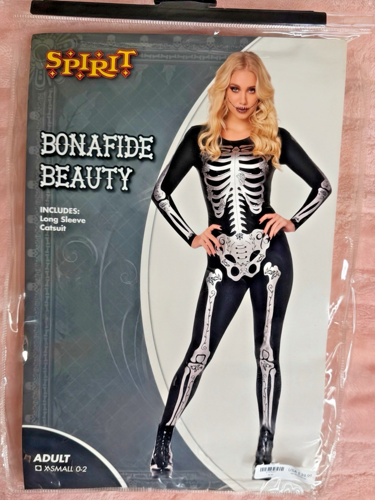 Spirit Bonafide Beauty Skeleton Catsuit Costume Long Sleeve Stretch XS