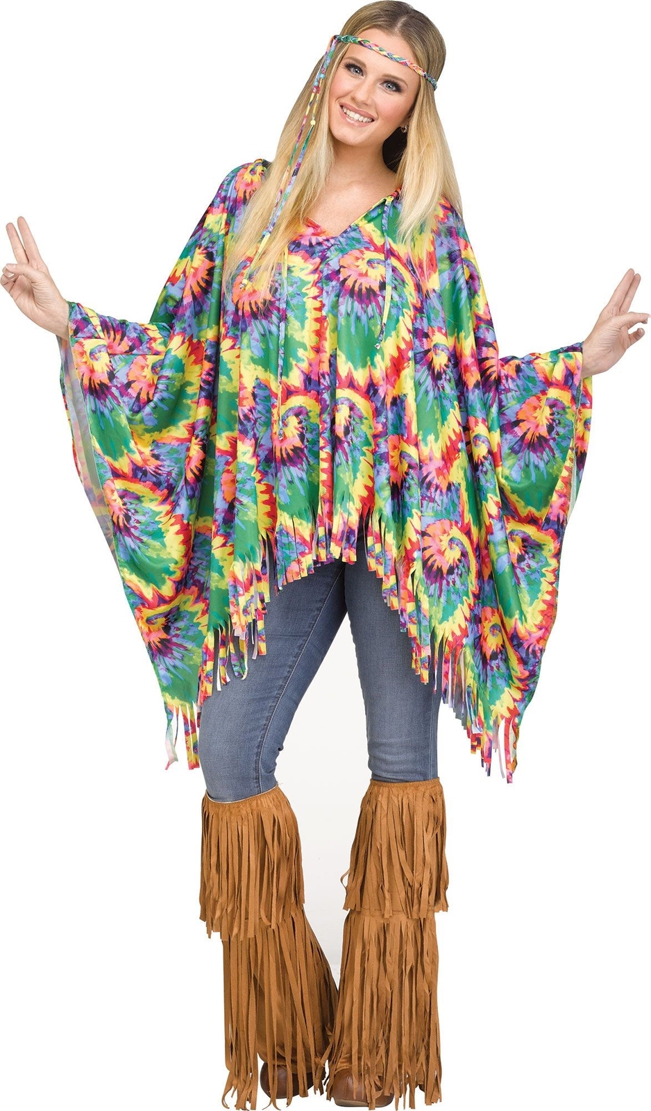 Tie Dye Peace Love Hippie Poncho 60s Adult Ladies Halloween Costume