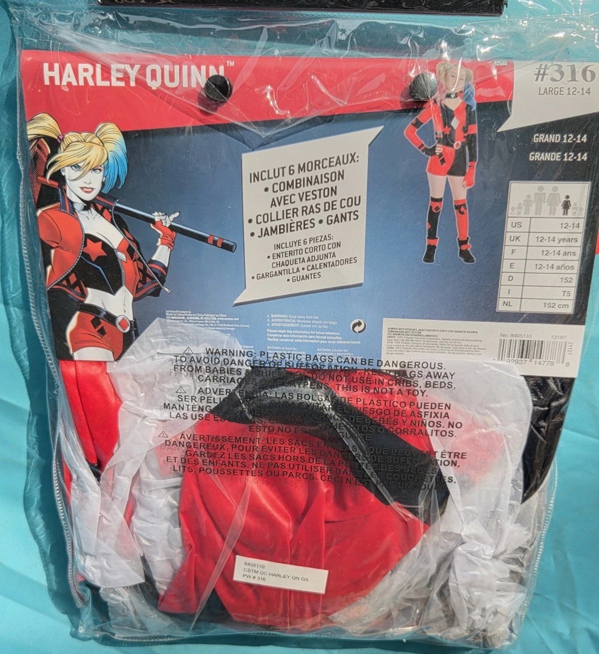 New In Package DC Comics Harley Quinn Child Costume Size Large 12-14 #316