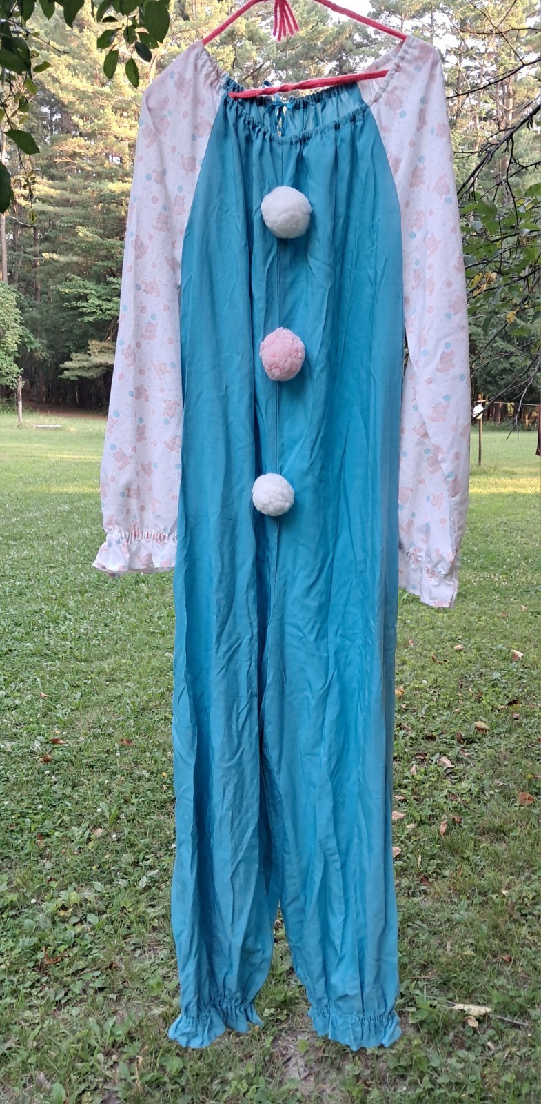 Vintage 1960s Adult Clown Costume Pink Elephant Sleeves & Pom Poms Womens XL