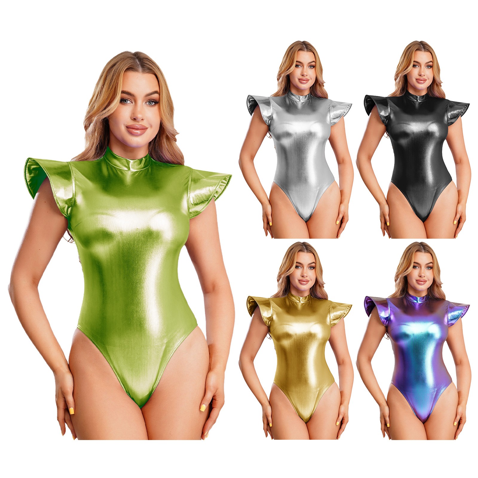 Women Metallic Shiny Bodysuit Fly Sleeve Mock Neck Back Zipper Space Cosplay