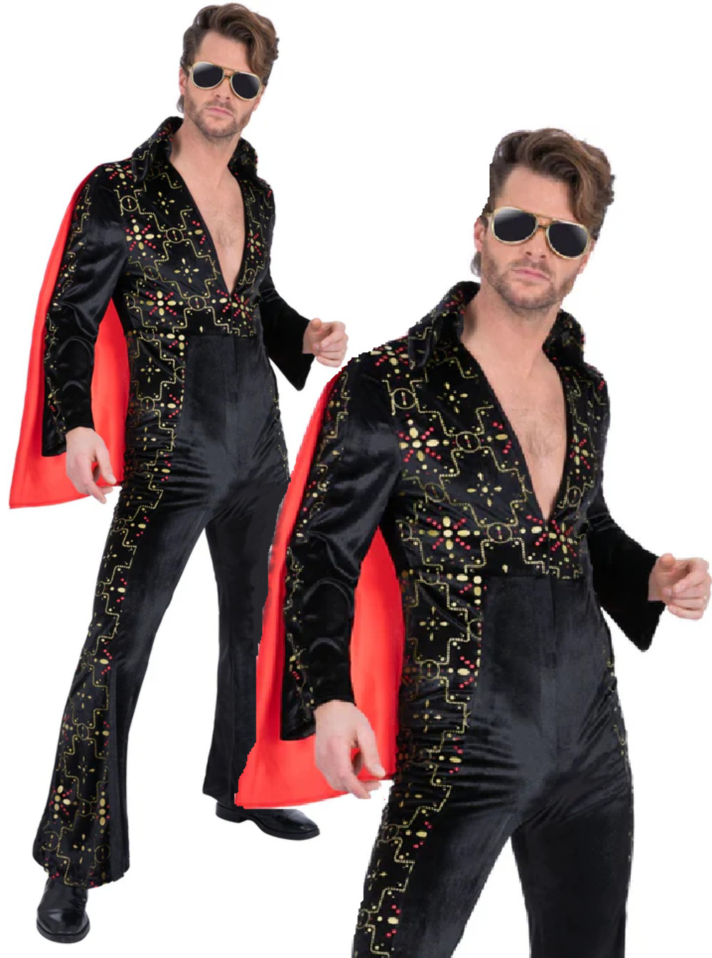 Elvis Black Rhinestone Costume Official Adults 50s Rock & Roll Mens Fancy Dress