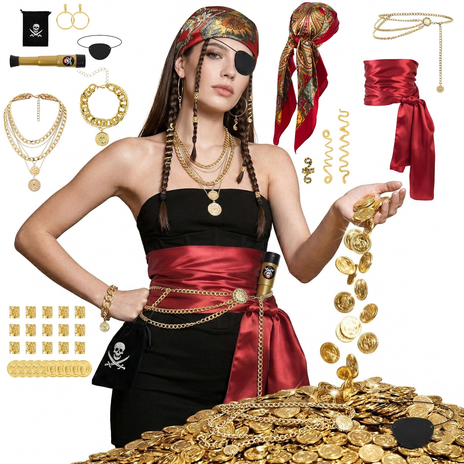UDPP 38PCS Pirate Accessories for Women – Captain Costume Set One Size, Red