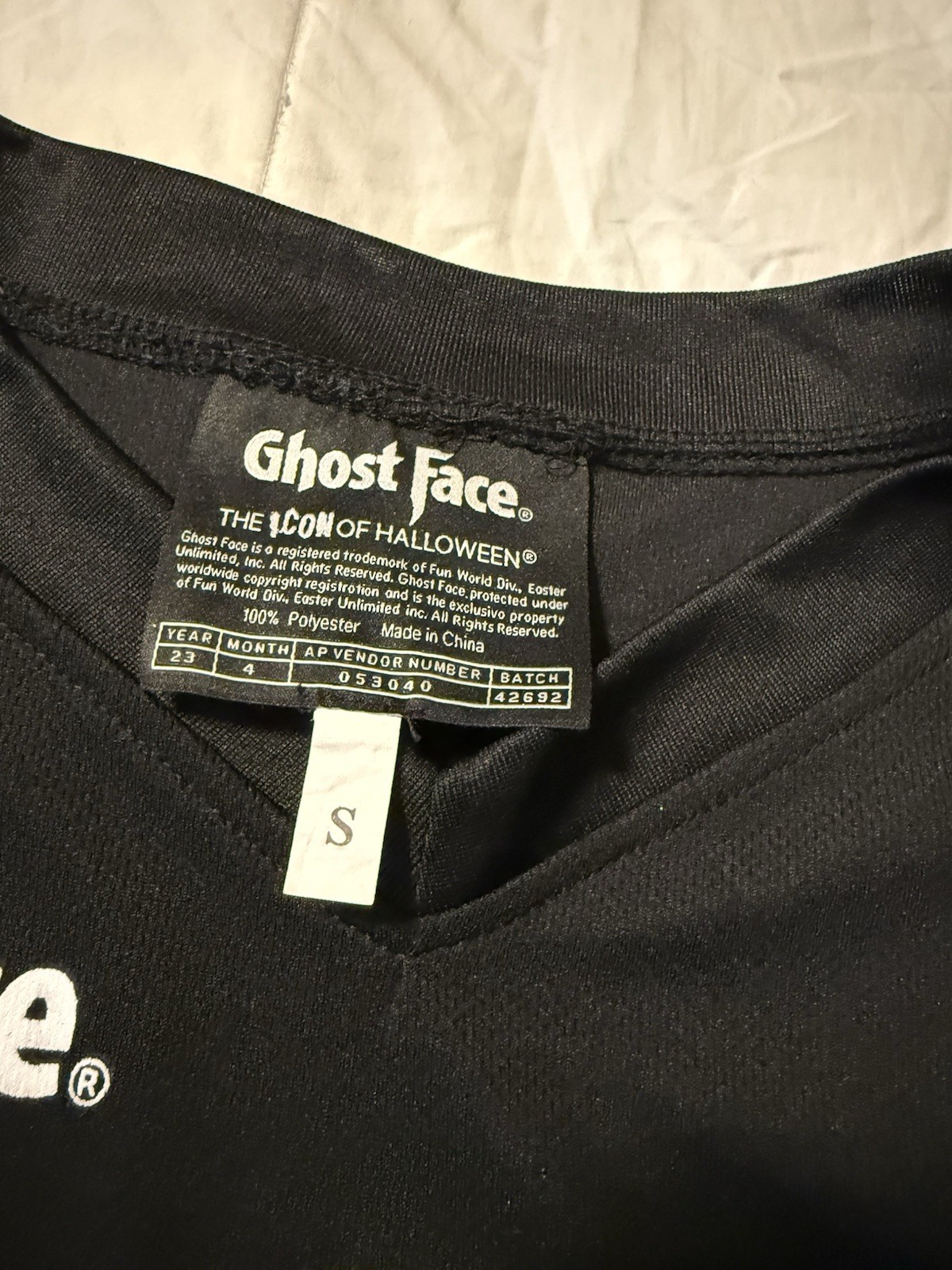 Ghost Face Scream Jersey Costume Men’s Size S Black White 100% Polyester Horror