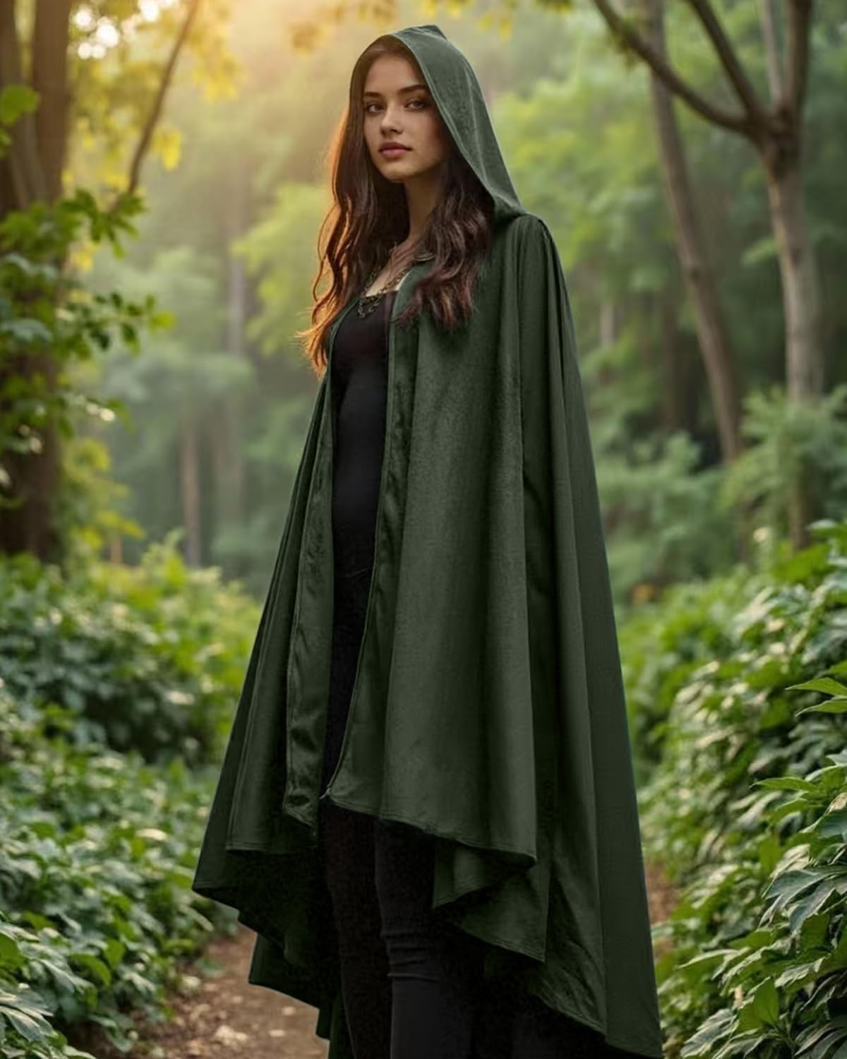 Medieval Hooded Velvet Cloak Renaissance Green Cape with Hood Women Fairy Elf…
