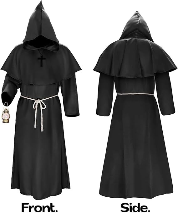 Adult Friar Medieval Hooded Monk Renaissance Priest Robe Costume Cosplay Black