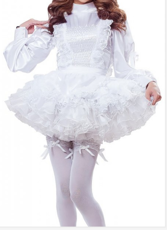 Girl Sissy Sexy maid White Satin lockable dress cosplay costume CD/TV Tailored