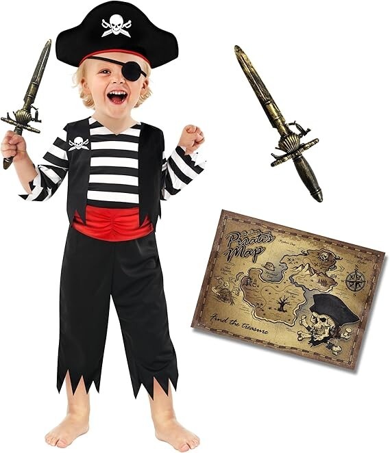 Toddler Pirate Costume + Dagger Map Boys Kids Deckhand Halloween Jumpsuit 3-9 yr