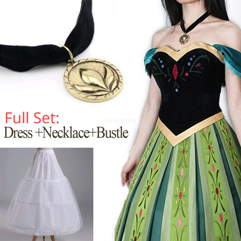 Princess Anna Cosplay Costume Women Carnival Party Dress Necklace Suit Anna Wig