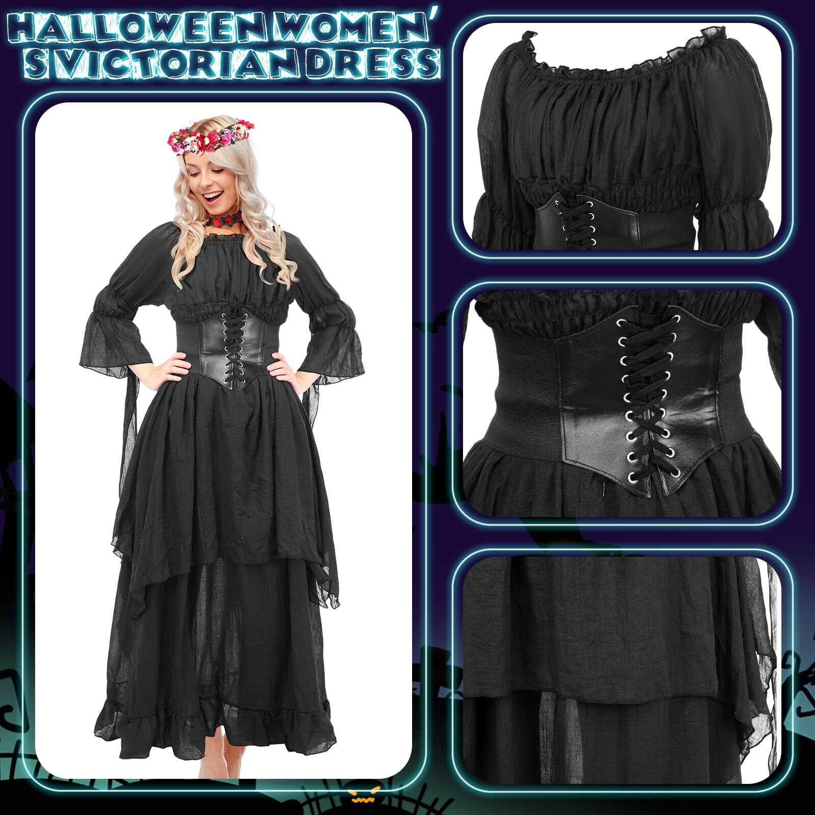 Vabean 4 Pcs Halloween Renaissance Costume Womens Medieval Dress Cinch Size 3XL