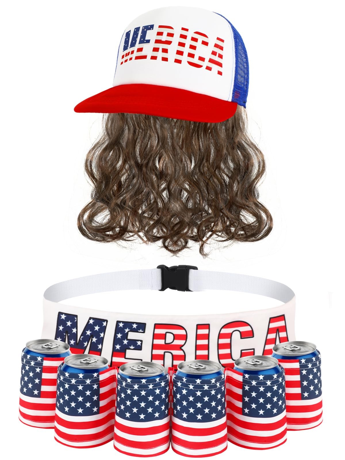 2 PCS 4th of July Patriotic Beverage Beer Belt Holder Mullet Headband Wig