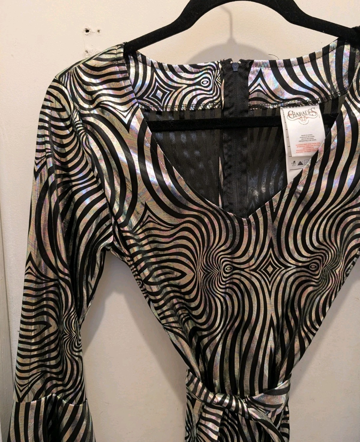 Charades Pyschedelic Swirl Disco Diva Costume Dress S Silver Shiny