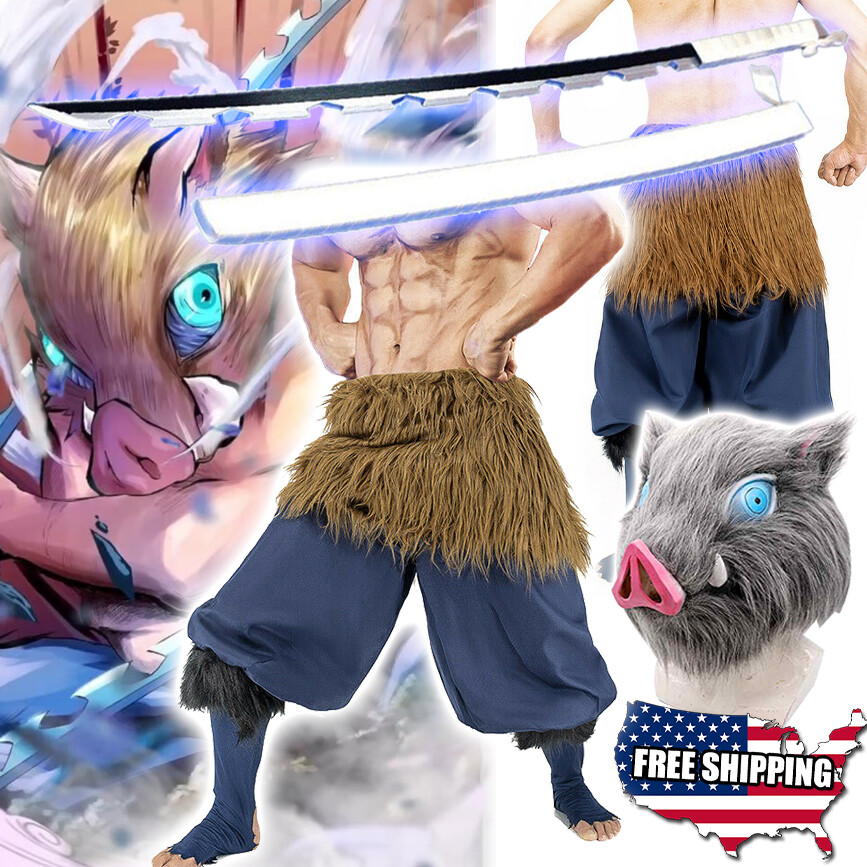 Men’s Costume Demon Slayer Kimetsu no Yaiba Outfit Cosplay Sword Wig Set US ship
