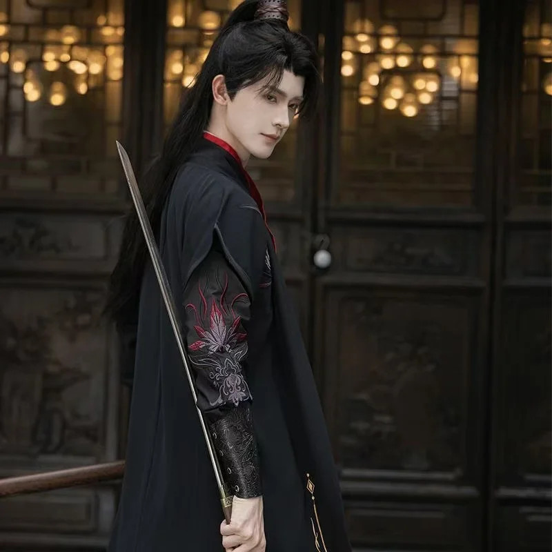 Black Red Hanfu Dress Men Embroidery Cross Collar Costume Swordsman Cosplay Men