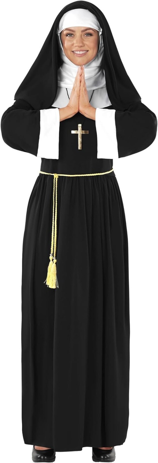 Women`s Black Nun Costume + Cross S – 3XL Ladies Sister Mother Halloween Robe