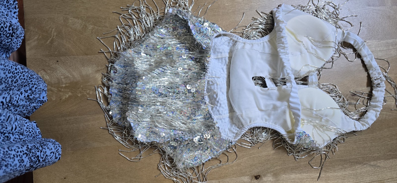 Silver Sequin Bead Fringe Performance Bodysuit Adult L Pop Star Stage Costume