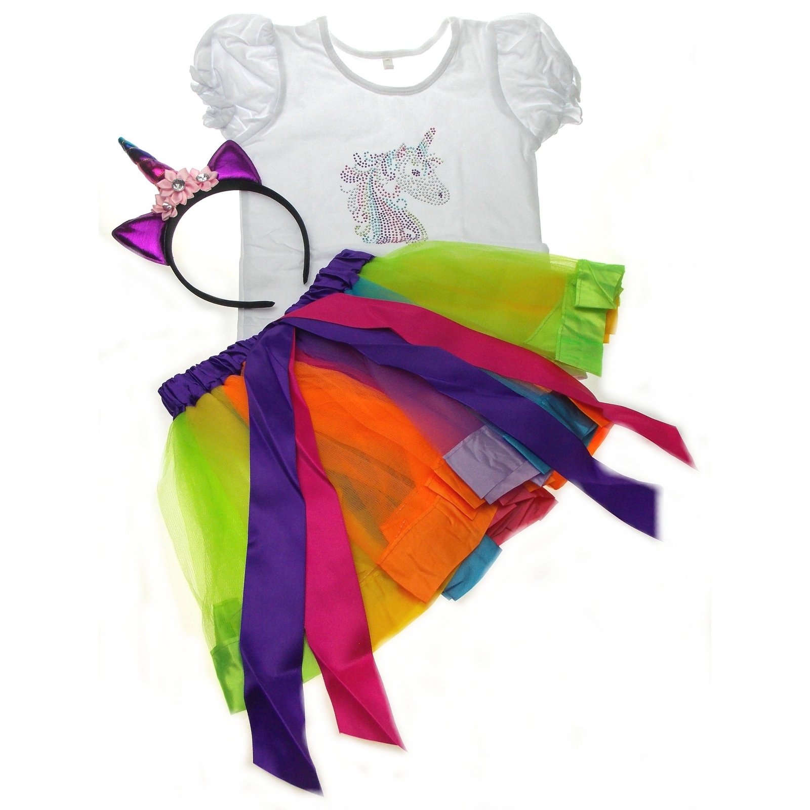 Unicorn Girls Costume T Shirt Tutu Rainbow Skirt Purple Headband Bling Medium