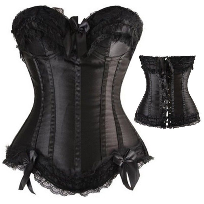 Sexy Women Lace Up Bone Corset Top Bustier Costume Waist Trainer Black Overbust