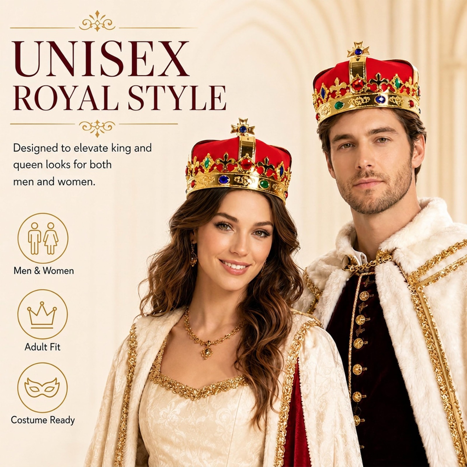 Gold King Crowns for Men & Women – Medieval Plastic Headpiece for Halloween, Cos