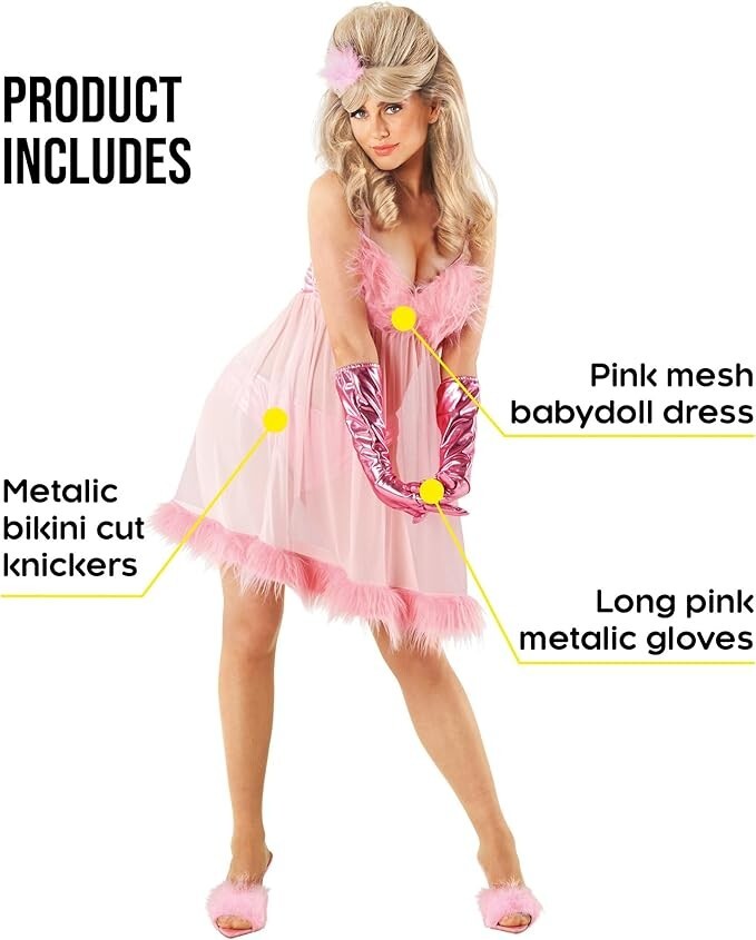 Women`s Glamour Puss Fembot Costume Austin Powers Pink Robot Dress + Gloves