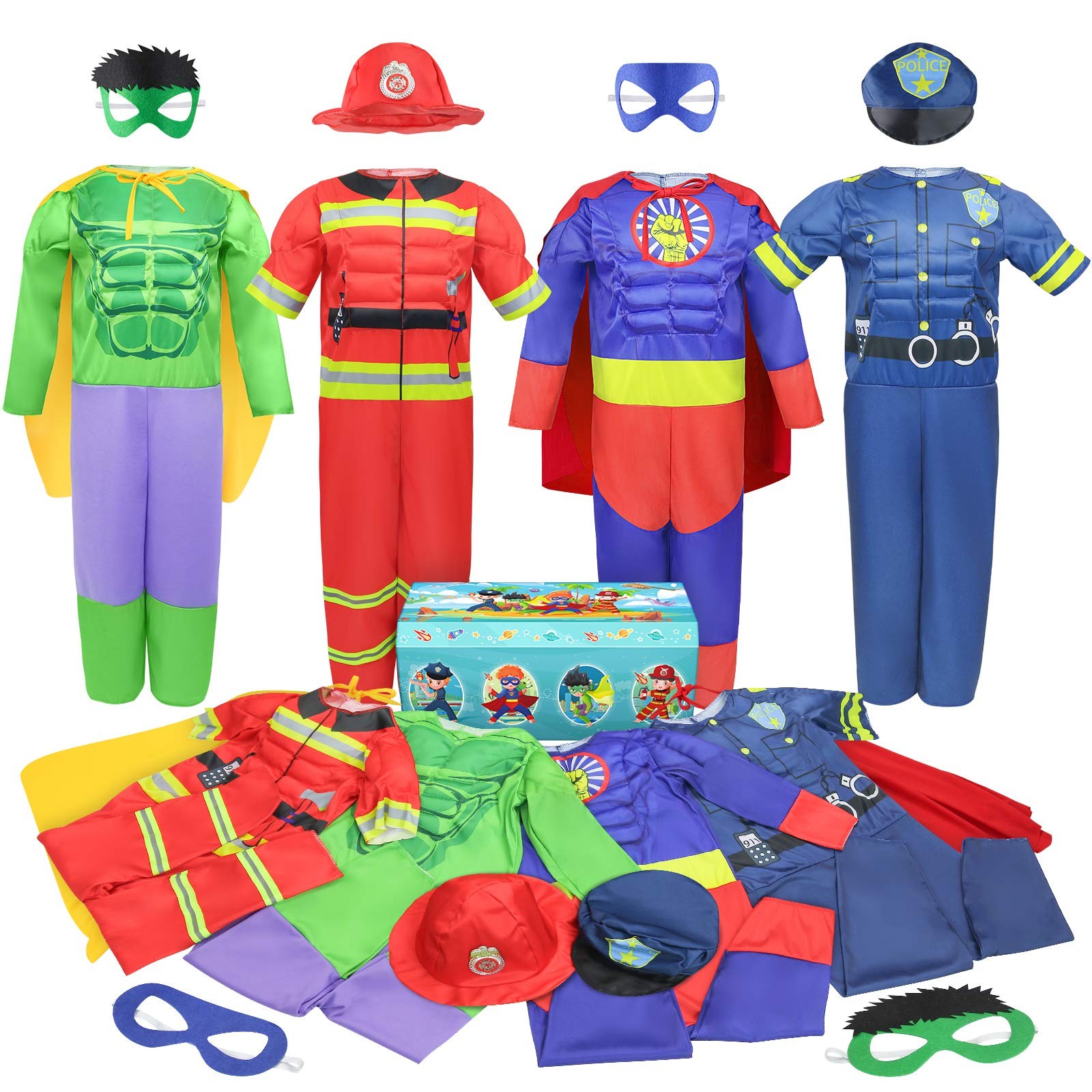 Boys Superhero Dress Up Costumes Set for Ages 3-7 – Fireman Policeman