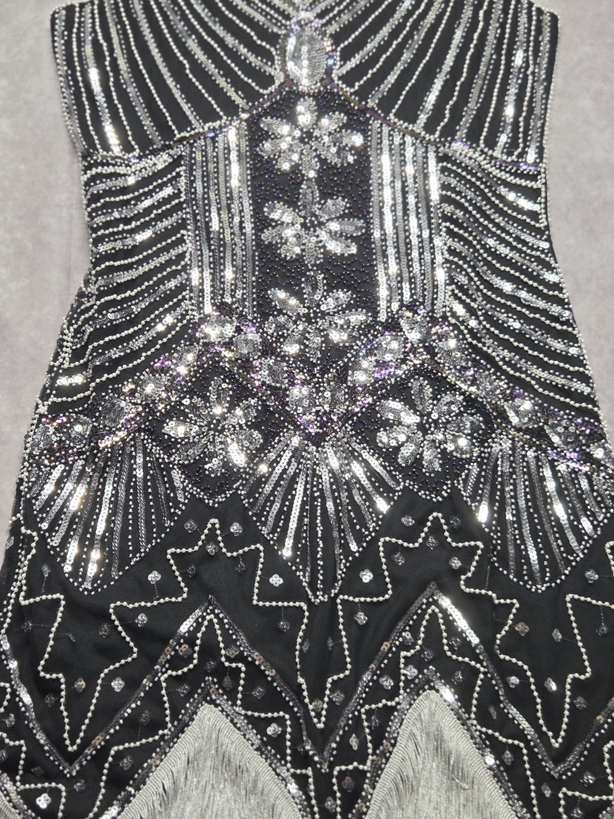 1920’s Black/Silver Bead Sequin & Fringe Flapper Gatsby Dress XL NWT