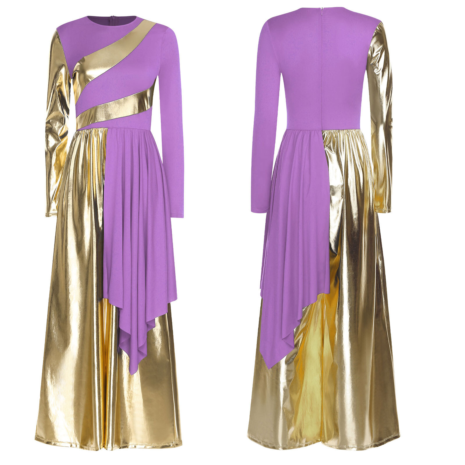 Women Long Sleeve Praise Dance Dress with Metallic Wide Leg Pant Overlay Worship