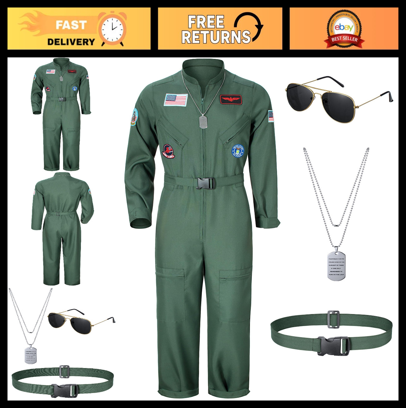 Men’s Fighter Pilot Jumpsuit Air Force Flight Outfit Halloween Cosplay Costume S