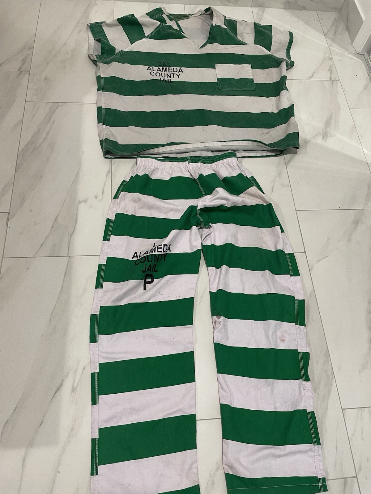 Prison Inmate Green White Striped Costume Set Top Pants 2XL Elastic Stretch