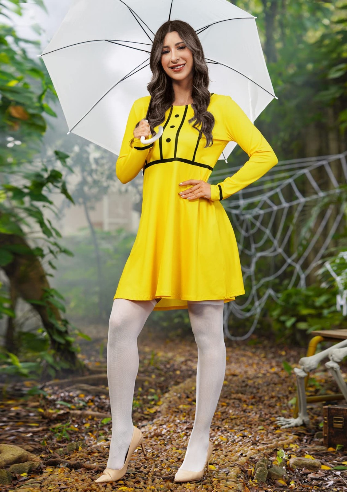 Women’s Halloween Costume Long Sleeve Yellow Mini Dress for Cosplay & Parties S-