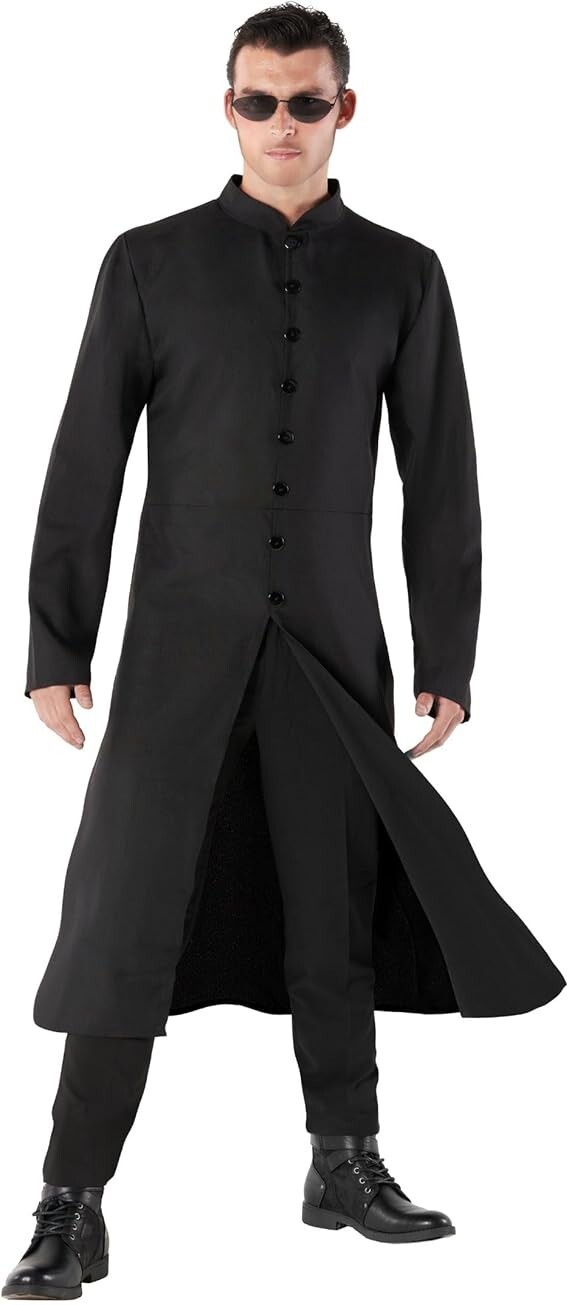 Men`s The Matrix Costume Adult Black Neo Coat & Glasses Spy Assassin Halloween