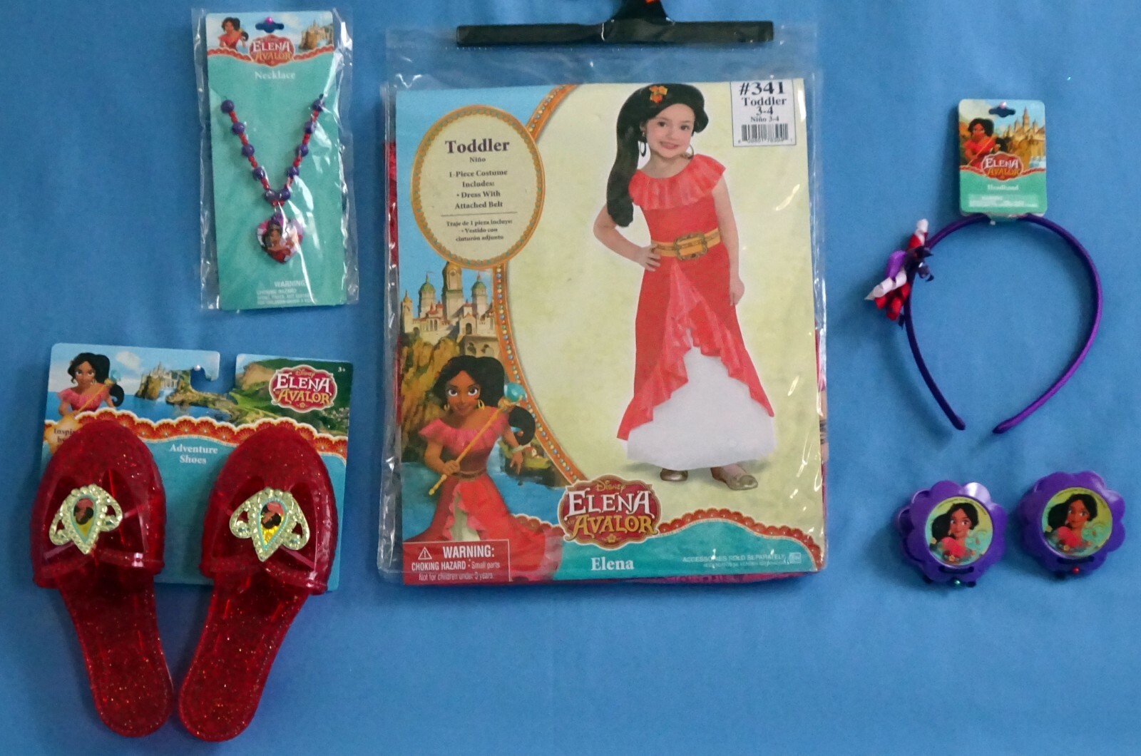 Disney Elena of Avalor costume dress-3-4-shoes-necklace-castanets-hairband-LOT-6