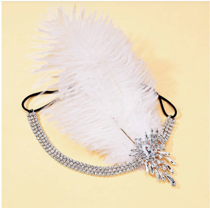 FLAPPER HEADBAND-1920s SILVER TONE with Faux Feathers & Rhinestones