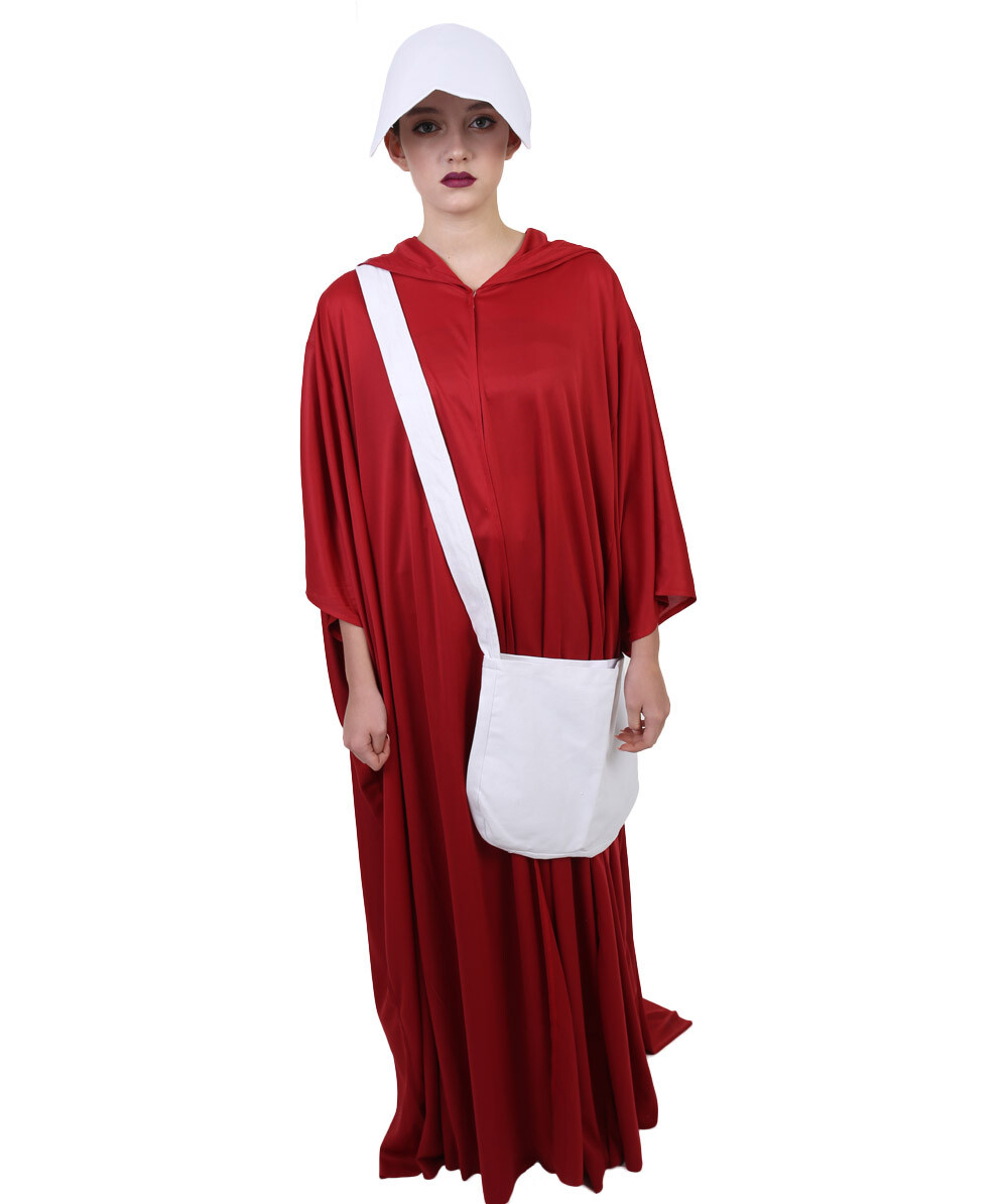 Womens Handmaid’s Tale Costume Set – Hooded Robe, Bonnet, Bag Halloween Cosplay