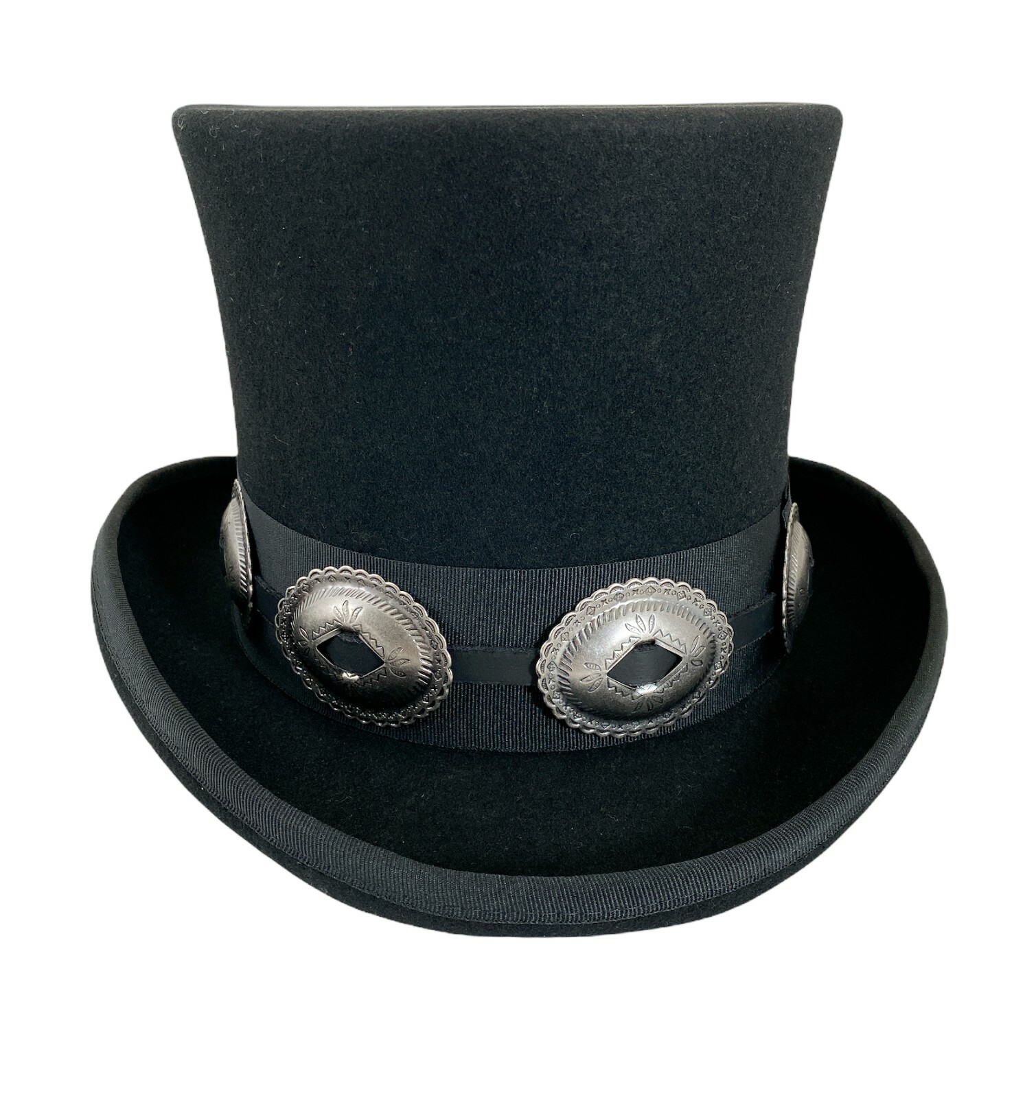 Black 100% Wool Felt Top Hat Concho Band Victorian Costume Slash Mad Hatter USA