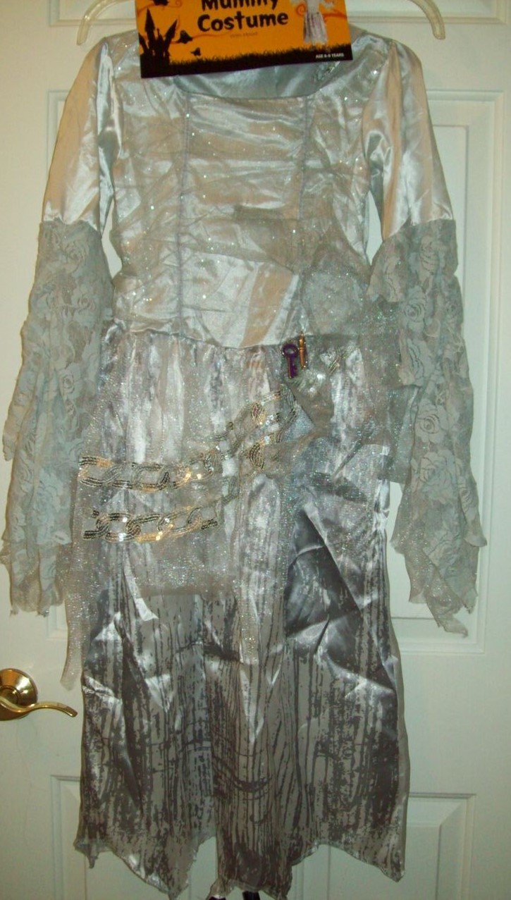 NEW GIRLS SILVER MUMMY w HOOD DRESS HALLOWEEN PLAY COSTUME AGE 6 – 8 YEARS