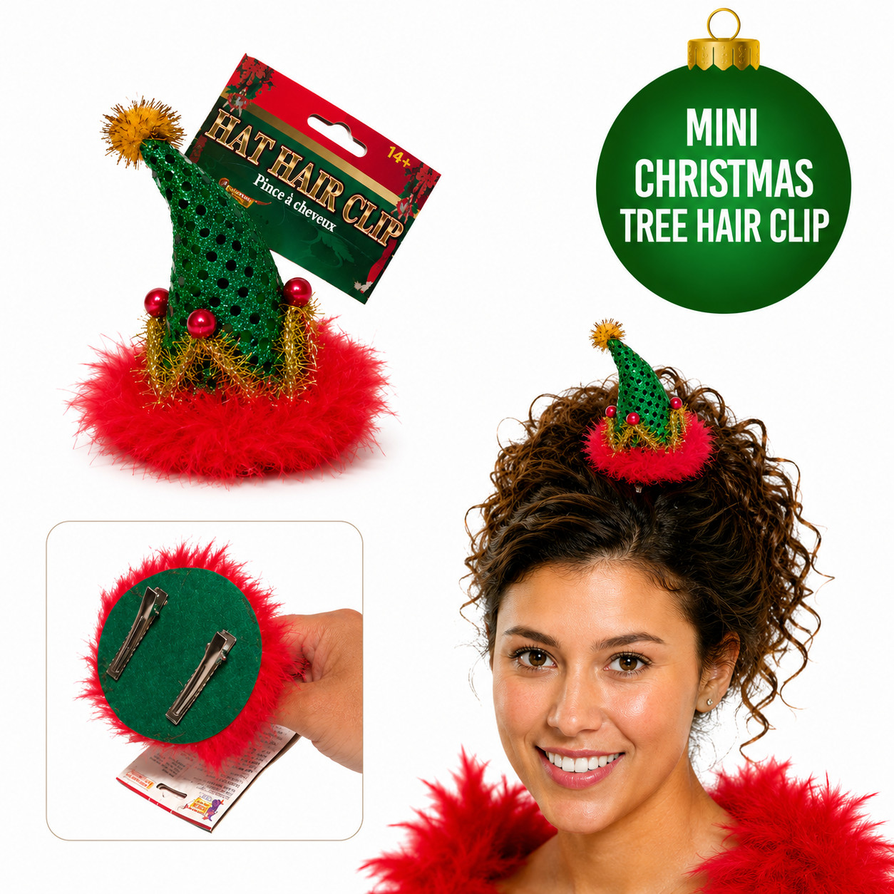 MINI CHRISTMAS TREE HAIR CLIP ON Costume Holiday Decor Hat Funny Red Fur Green