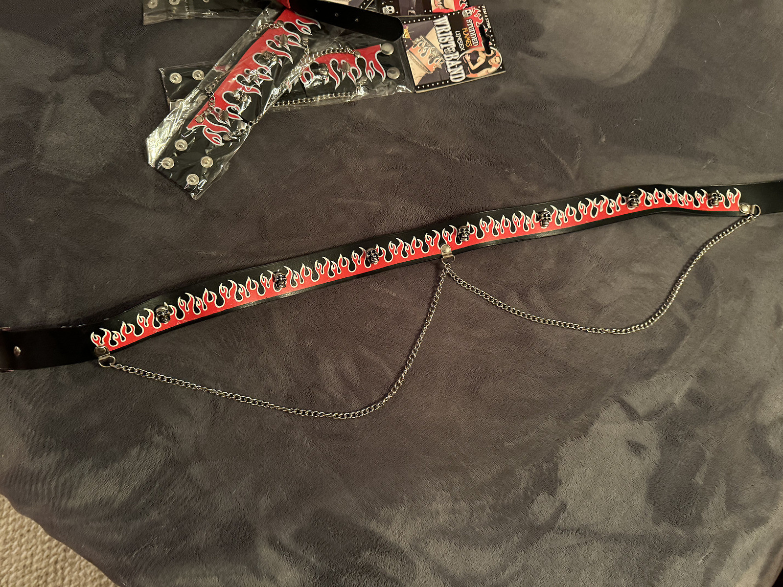 Punk Rock Biker Flame Studded Skull Wristbands, Chain Belt, Choker Costume