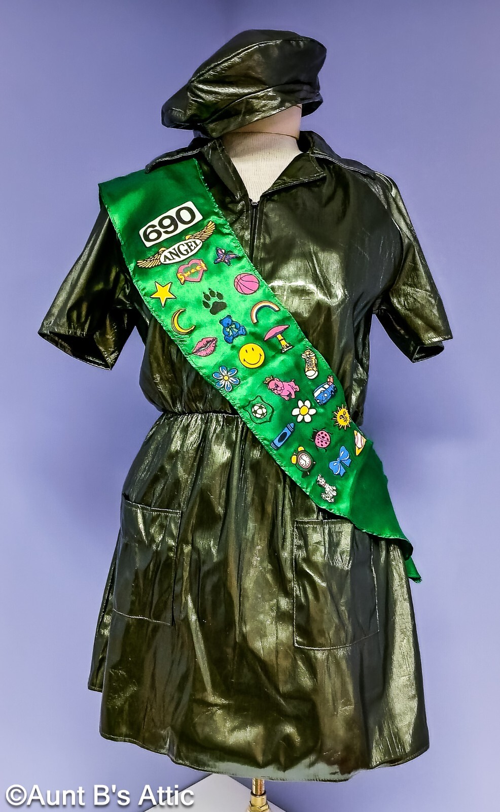 Sexy Scout Ladies Green Poly Vinyl Zip Front Dress W/ Satin Sash & Beret OS