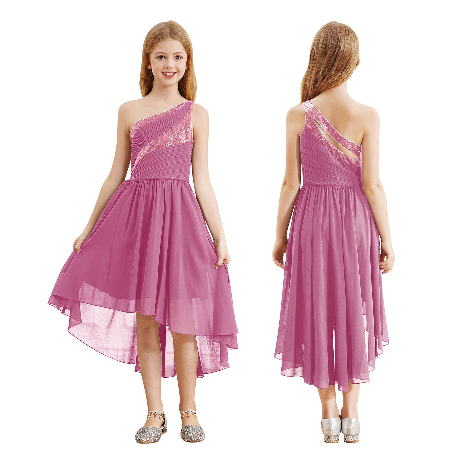 Kids Girls Gown Sequin Dress Elegant Dancewear One Shoulder High-Low Hem Formal