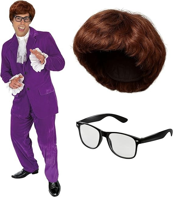 Men`s 60s Austin Powers Costume + Wig Glasses Adult Purple Gigolo Suit M – XL