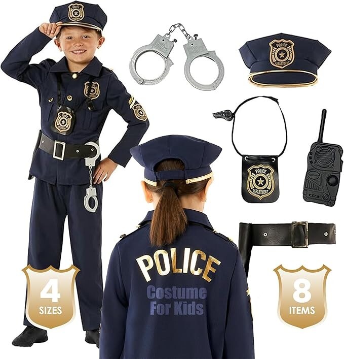 Kids Police Officer Costume + Toys Boys Girl Policeman Cop Uniform Halloween